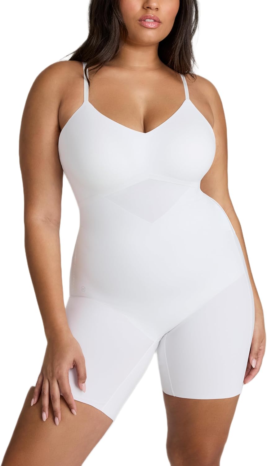 Black low-back compression bodysuit with targeted tummy control, front view on model — view 1