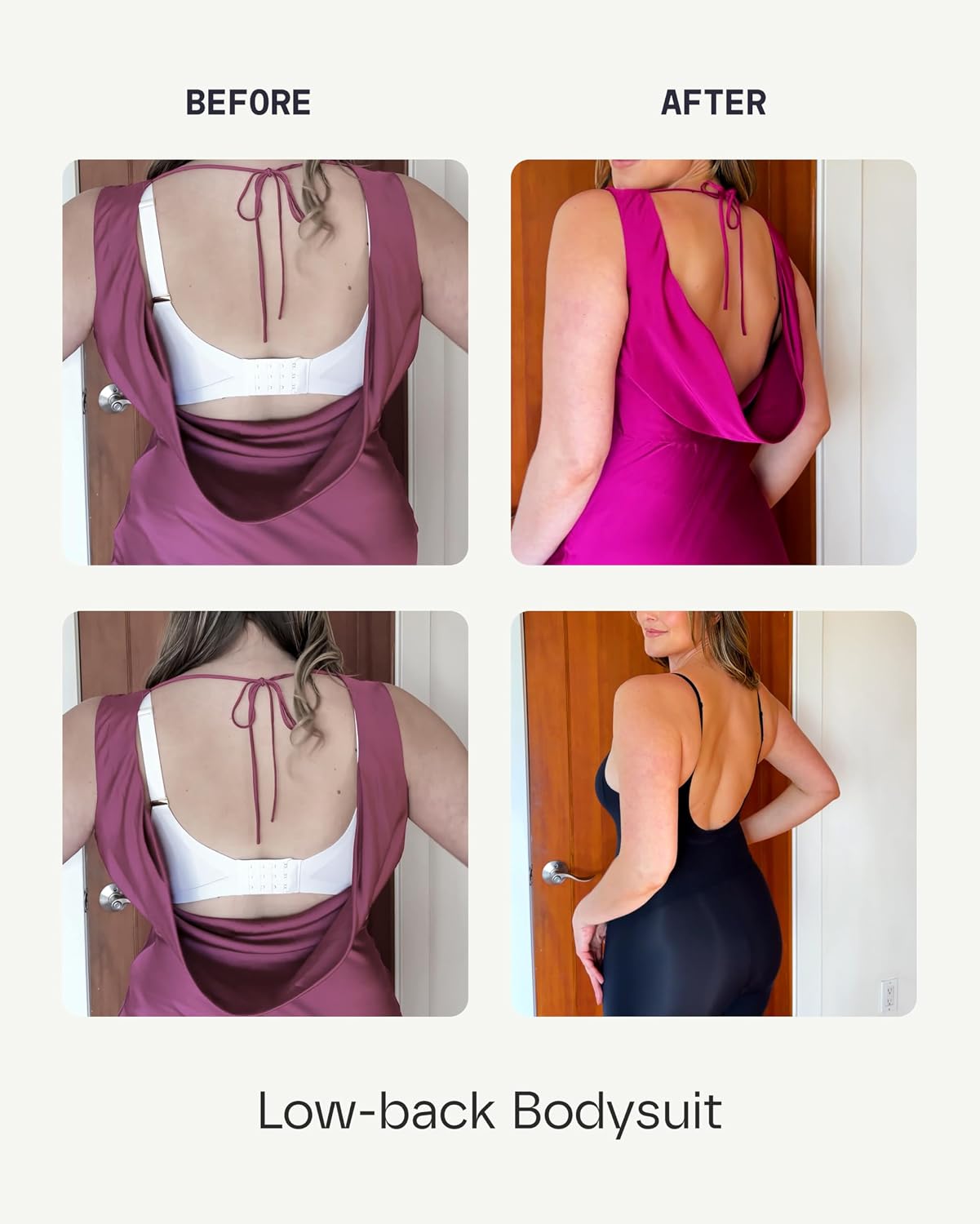 Black low-back compression bodysuit with targeted tummy control, front view on model — view 4