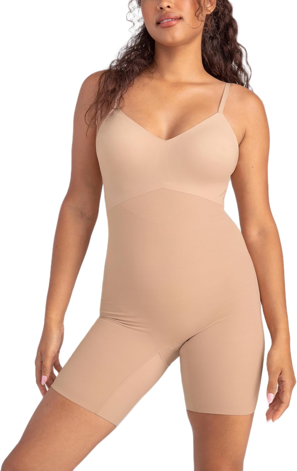 Black low-back compression bodysuit with targeted tummy control, front view on model — view 3