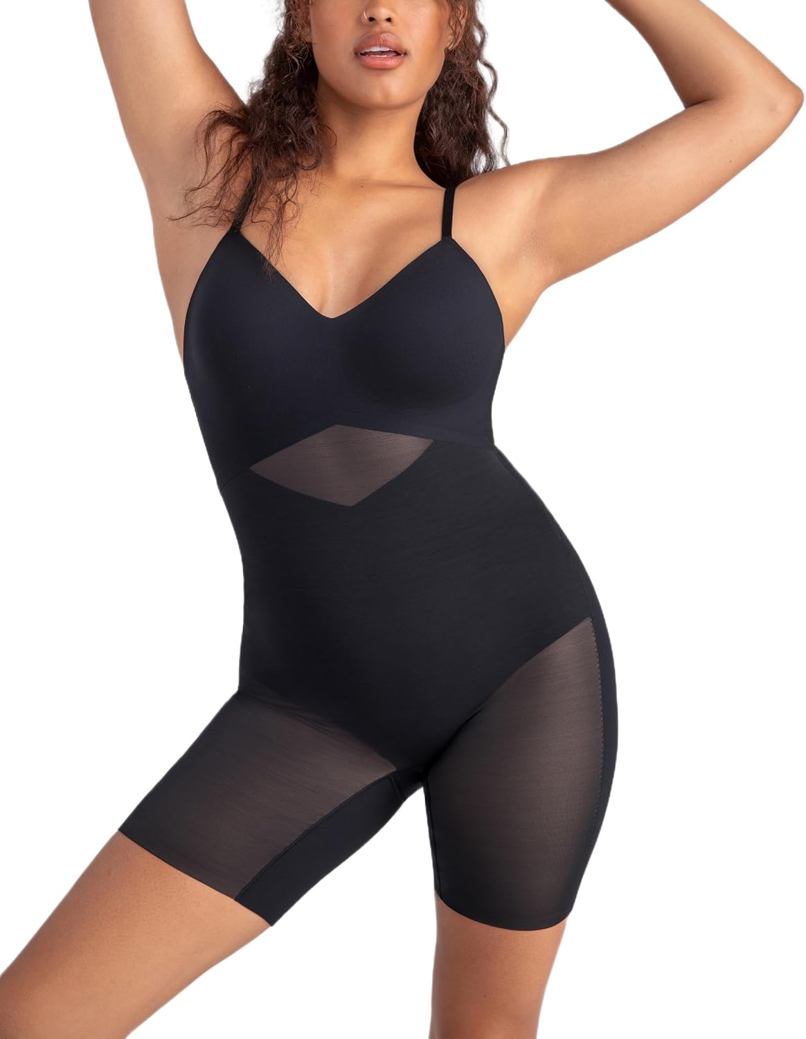 Black low-back compression bodysuit with targeted tummy control, front view on model — view 4