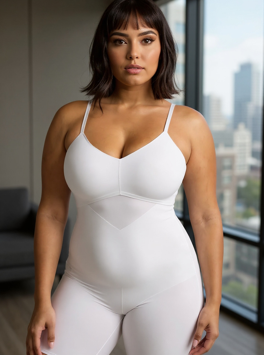 Black low-back compression bodysuit with targeted tummy control, front view on model — view 1