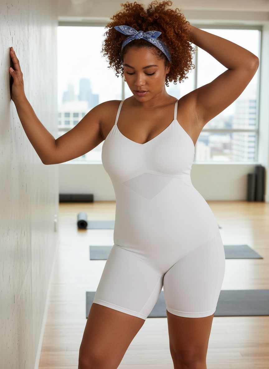 Black low-back compression bodysuit with targeted tummy control, front view on model — view 3
