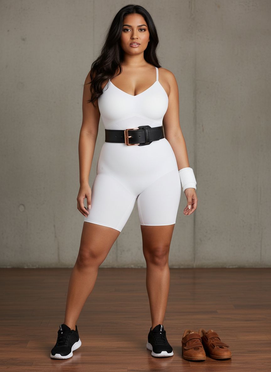 Black low-back compression bodysuit with targeted tummy control, front view on model — view 5