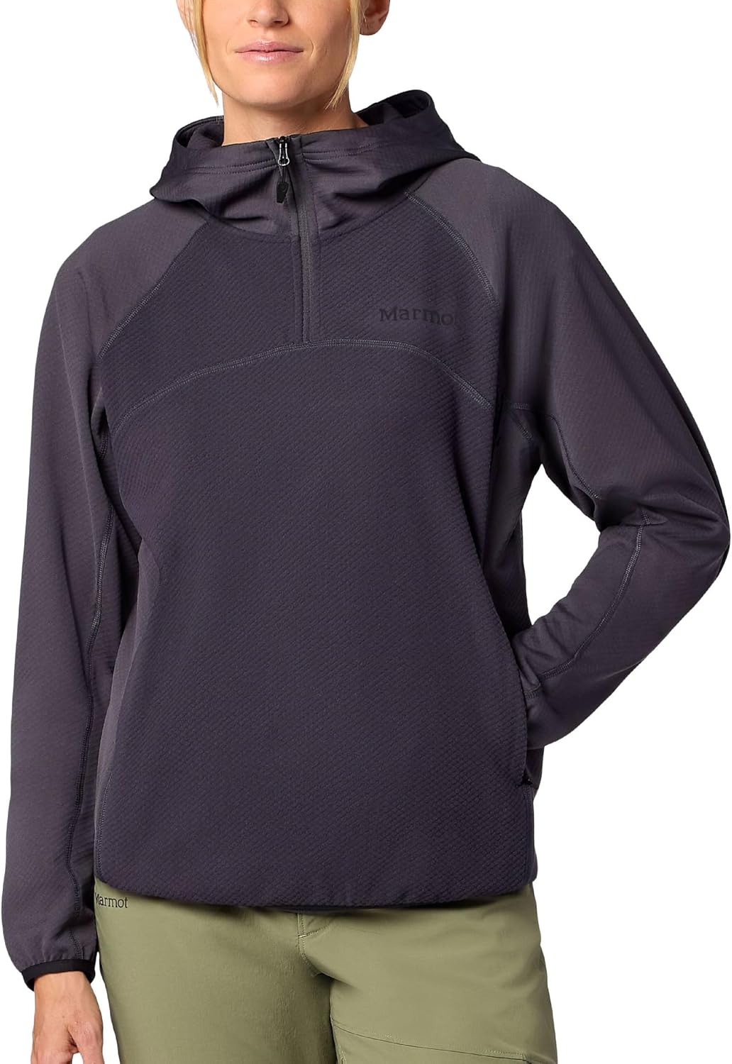 Marmot Rockbound fleece hoody in charcoal grey with weather-resistant brushed fabric, shown in relaxed fit — view 1
