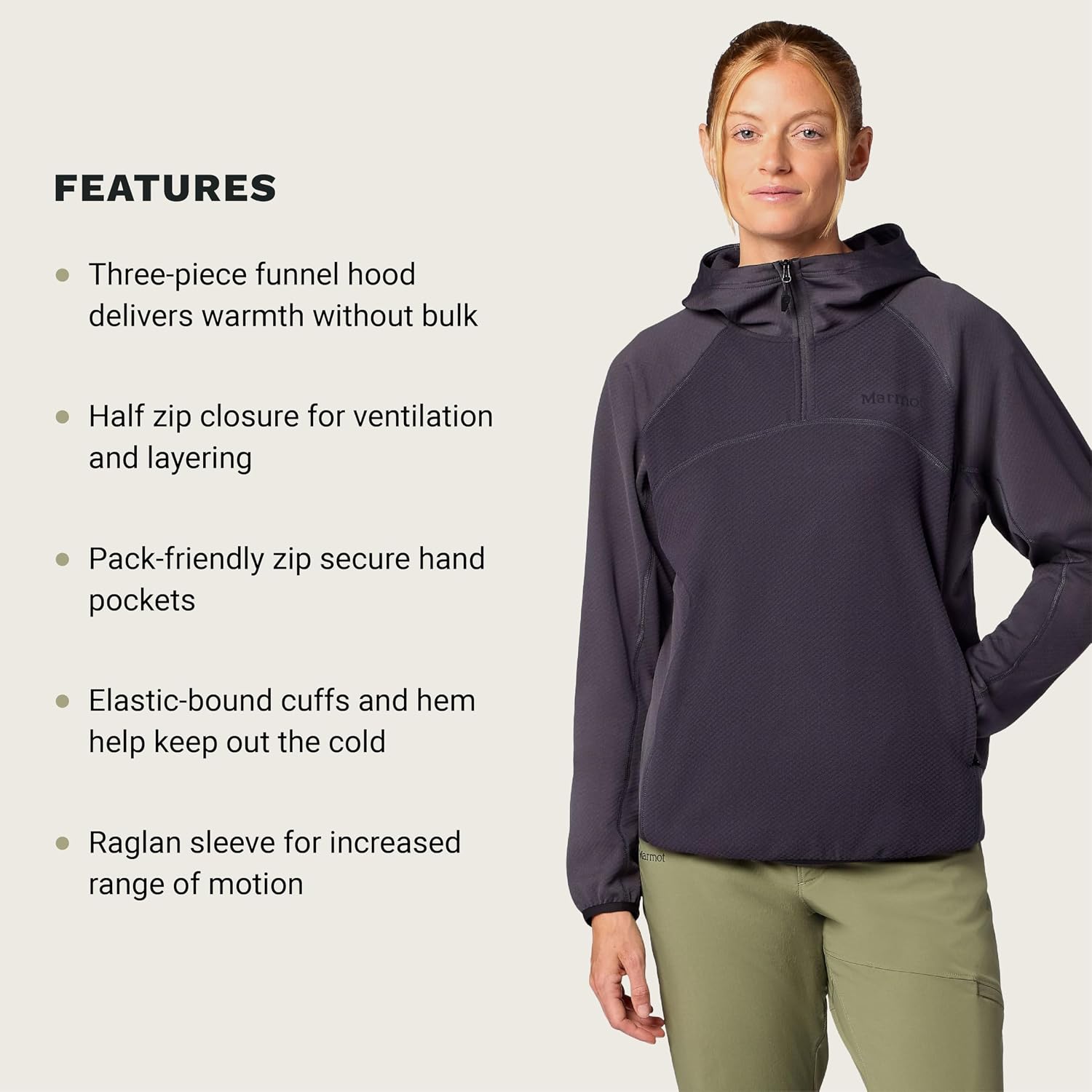 Marmot Rockbound fleece hoody in charcoal grey with weather-resistant brushed fabric, shown in relaxed fit — view 3