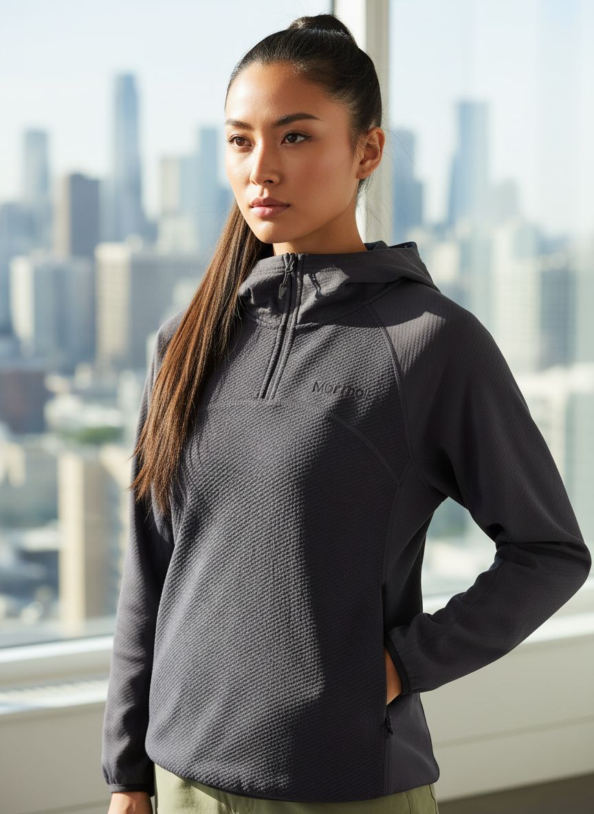 Marmot Rockbound fleece hoody in charcoal grey with weather-resistant brushed fabric, shown in relaxed fit — view 1