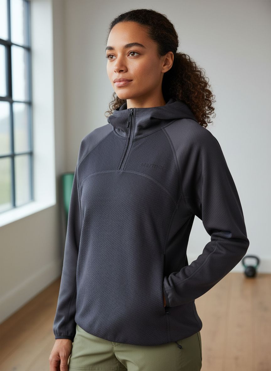 Marmot Rockbound fleece hoody in charcoal grey with weather-resistant brushed fabric, shown in relaxed fit — view 2b