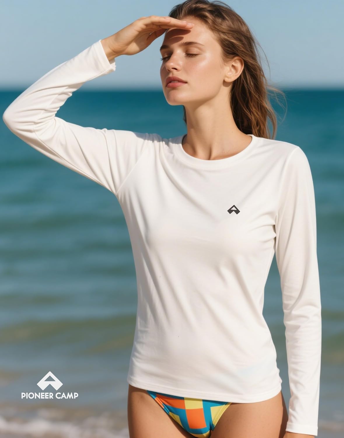 Fitted long sleeve sun shirt in {color} with UPF 50+ protection and quick-dry technology — back
