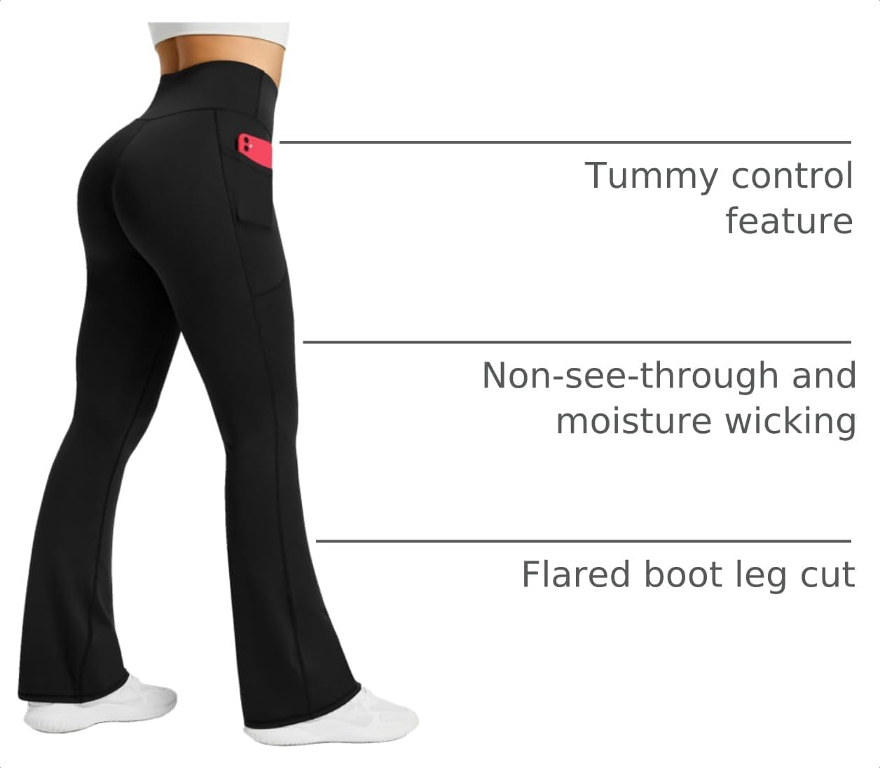 Black high-waisted flare yoga pants with functional side pockets and four-way stretch fabric โ view 4