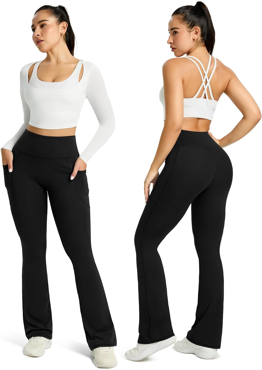 Black high-waisted flare yoga pants with functional side pockets and four-way stretch fabric โ view 3