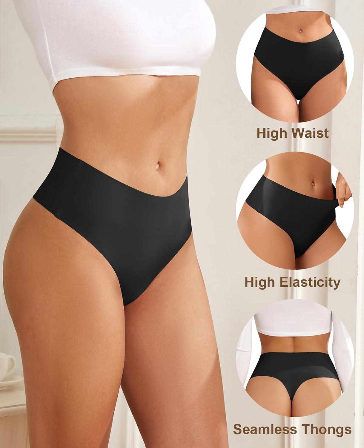 Minimal black thong underwear for athleisure, front and back views — view 3