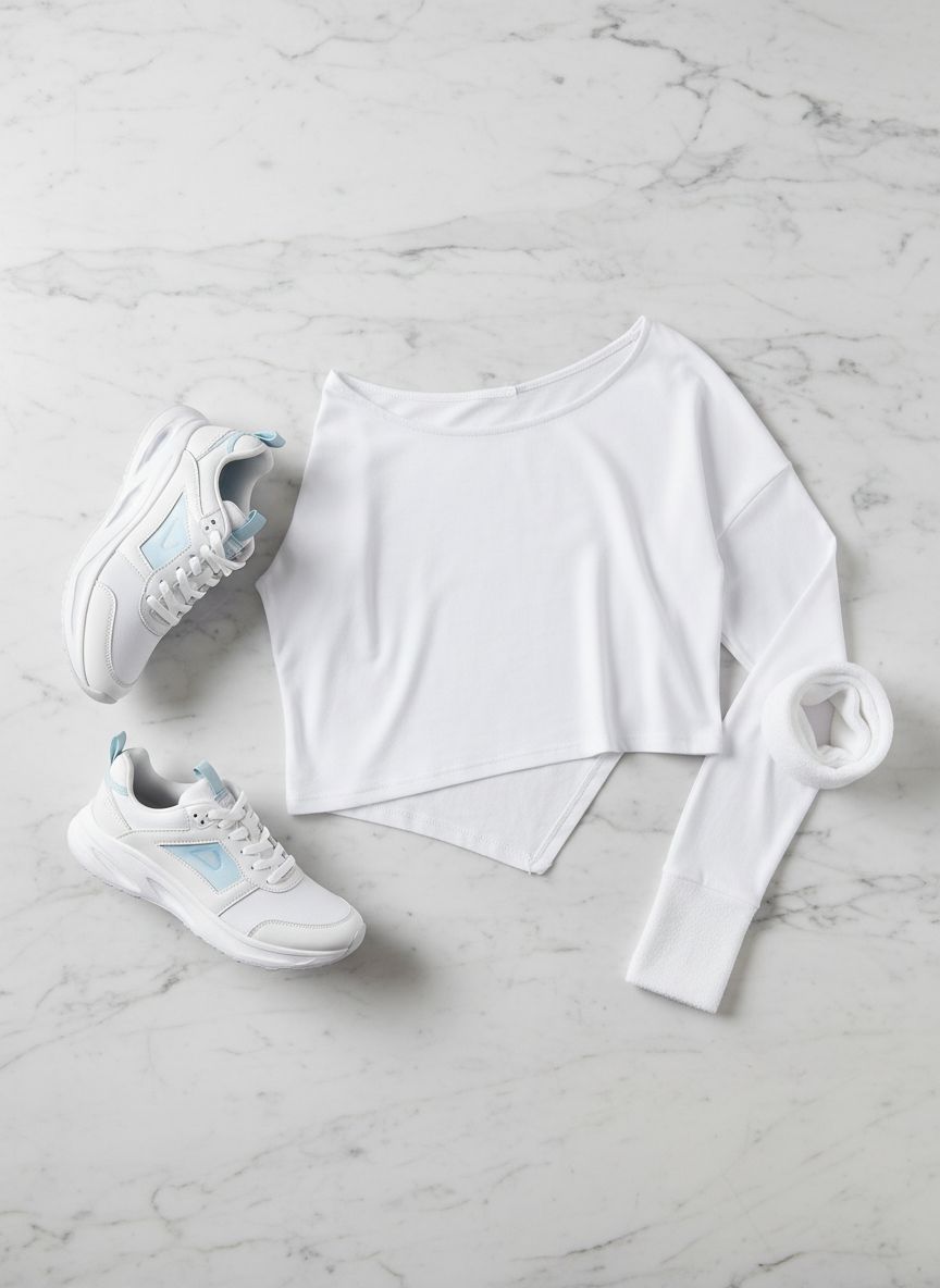 Off-shoulder long sleeve crop top in {color} with relaxed fit and boat neck detail — view 6b
