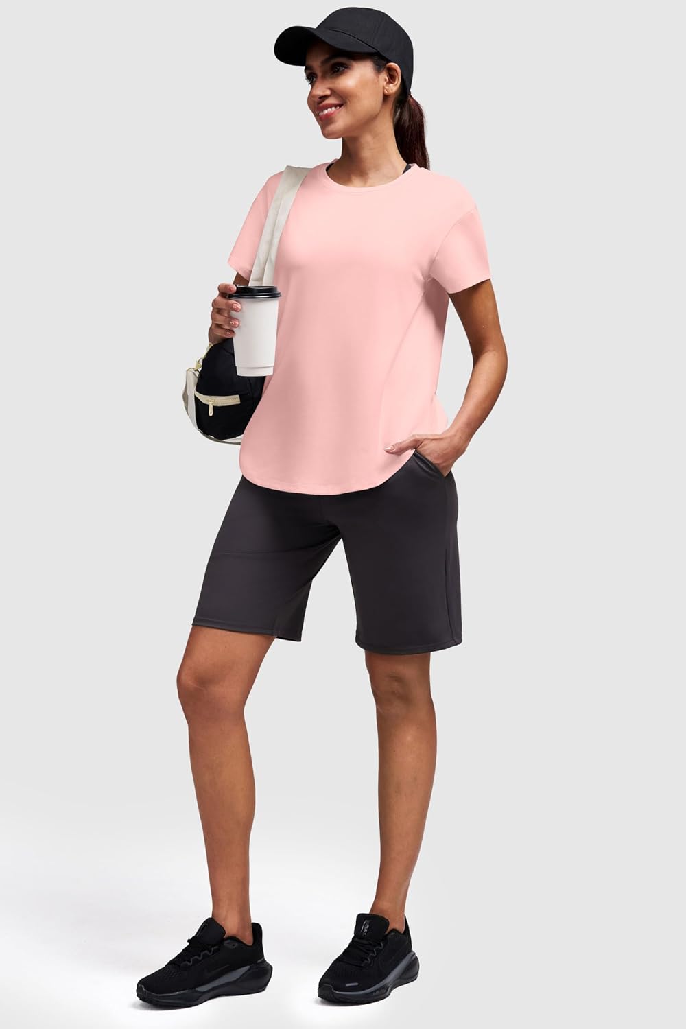 Women's {color} relaxed fit running top with moisture-wicking fabric, front view — back